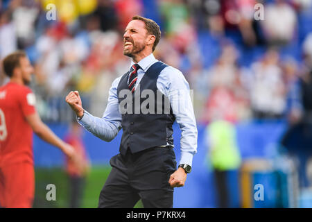 Samara, Russia. 7th July 2018. 7th 2018, Samara Arena, Samara, Russia; FIFA World Cup Football, quarter final, England versus Sweden; Gareth Southgate celebrating the 2-0 victory and through to the semi-final Credit: Action Plus Sports Images/Alamy Live News Stock Photo