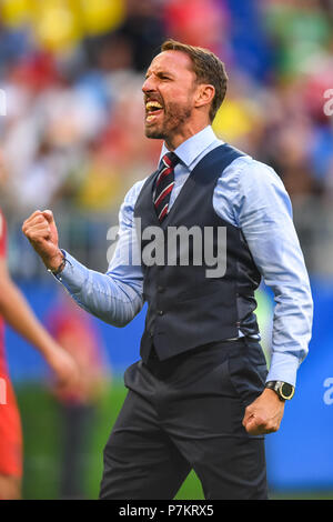 Samara, Russia. 7th July 2018. 7th 2018, Samara Arena, Samara, Russia; FIFA World Cup Football, quarter final, England versus Sweden; Gareth Southgate celebrating the 2-0 victory and through to the semi-final Credit: Action Plus Sports Images/Alamy Live News Stock Photo