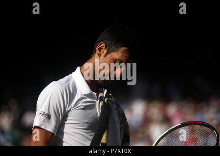 London, England - July 7, 2018.  Wimbledon Tennis: Novak Djokovic during his third round match against Great Britain's Kyle Edmund on Center Court at Wimbledon today. Stock Photo