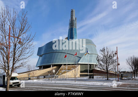 WINNIPEG, CANADA - 2014-11-22: Winter view on Canadian Museum for Human Rights. CMHR is a national museum in Winnipeg, Manitoba, located adjacent to the central Winnipeg s historic site The Forks Stock Photo