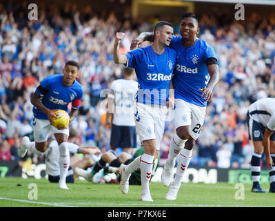 Rangers Jamie Murphy (left) celebrates scoring his side's first goal of the game with Alfredo Morelos during a pre-season friendly match at Ibrox Stadium, Glasgow. Stock Photo