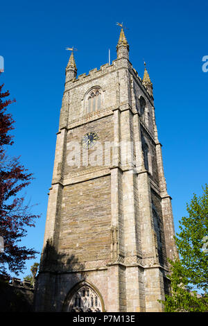 Church tower of St Fimbarrus parish church, Fowey, Cornwall, England, UK Stock Photo
