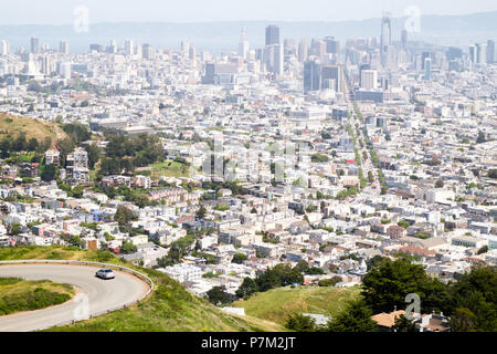 View of the Financial District in San Francisco, seen from Twin Peaks, with Twin Peaks Blvd in the foreground, California, USA. Stock Photo
