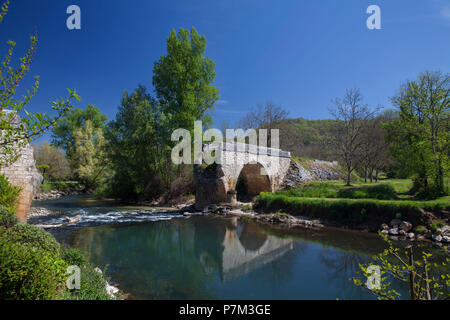 Collapsed old bridge over the river Dordogne near Vitrac, France Stock Photo