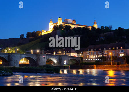 Germany, Bavaria, Upper Franconia Region, Würzburg, Old Main Bridge (Alte Mainbrücke) and Marienberg Fortress Stock Photo