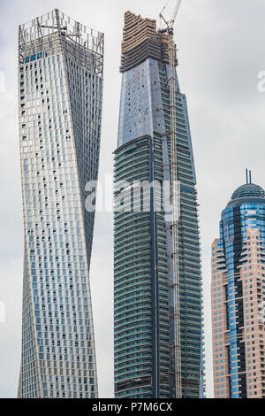 Perspective detailed view at a skyscrapers in Dubai, United Arab Emirates, Construction of a skyscraper