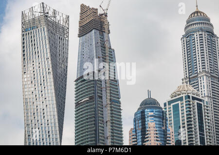 Perspective detailed view at a skyscrapers in Dubai, United Arab Emirates, Construction of a skyscraper Stock Photo