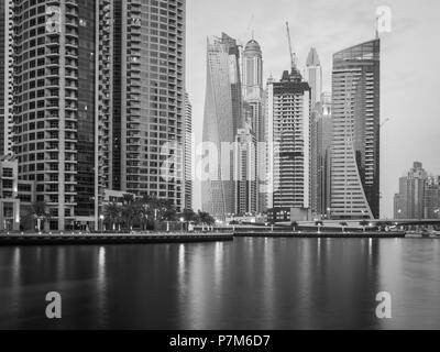 Monochrome panorama of the skyscrapers at Dubai Marina, United Arab Emirates Stock Photo