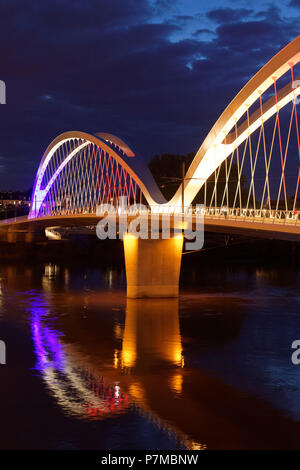 France, Bas Rhin, Strasbourg, new Beatus Renanus bridge on the Rhine river on which the tram connecting Strasbourg to Kehl circulates, A tram for Europe without borders between Strasbourg and Kehl Stock Photo