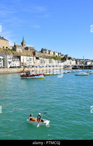 France, Manche, Cotentin, Granville, the Upper Town built on a rocky headland on the far eastern point of the Mont Saint Michel Bay, the fishing port and the Notre Dame du Cap Lihou Stock Photo