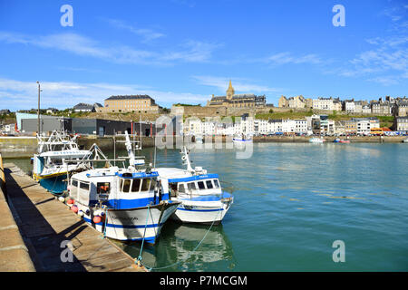 France, Manche, Cotentin, Granville, the Upper Town built on a rocky headland on the far eastern point of the Mont Saint Michel Bay, the fishing port and the Notre Dame du Cap Lihou Stock Photo