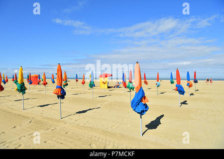 France, Calvados, Pays d' Auge, Deauville, the beach and its beach unmbrellas Stock Photo