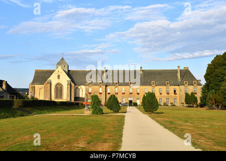 France, Morbihan, Broceliande Forest, Paimpont, the abbey of 13th century in edge of the pond Stock Photo