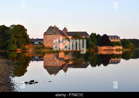 France, Morbihan, Broceliande Forest, Paimpont, the abbey of 13th century in edge of the pond Stock Photo