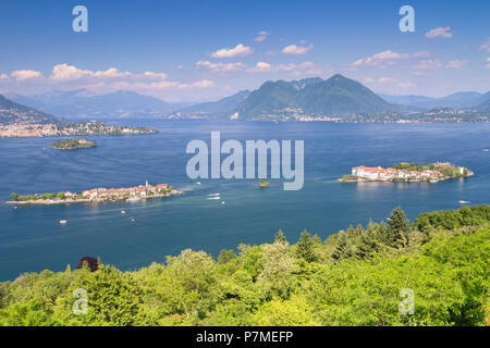 View of the Borromean Islands, Isola dei Pescatori, Isola Bella and Isola Madre, from a viewpoint over Stresa in a spring day, Verbano Cusio Ossola, Lago Maggiore, Piedmont, Italy, Stock Photo