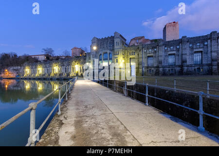 View of the Castello Visconteo and Centrale Idroelettrica Taccani on the shores of river Adda. Trezzo sull'Adda, Milan, Lombardy, Italy, Stock Photo