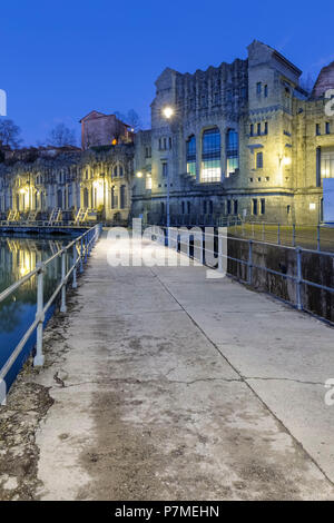 View of the Centrale Idroelettrica Taccani on the shores of river Adda. Trezzo sull'Adda, Milan, Lombardy, Italy, Stock Photo