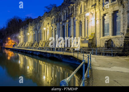 View of the Castello Visconteo and Centrale Idroelettrica Taccani on the shores of river Adda. Trezzo sull'Adda, Milan, Lombardy, Italy, Stock Photo