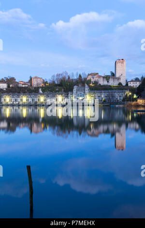 View of the Castello Visconteo and Centrale Idroelettrica Taccani on the shores of river Adda. Trezzo sull'Adda, Milan, Lombardy, Italy, Stock Photo