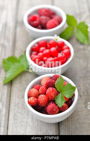 view on three little bowls on a wooden table full of red berries Stock Photo