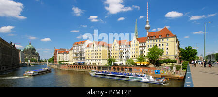 Germany, Berlin, St Nicolas district (Nikolaiviertel), the banks of the Spree and the Berliner Dom cathedral and TV Tower in the background (Fernsehturm) Stock Photo