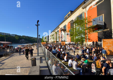 France, Rhone, Lyon, the new district La Confluence south of the Presqu'ile, close to the confluence of the Rhone and the Saone rivers, is the first French sustainable quarter certified by WWF, La Sucriere, historic building of the 1930s, former warehouse, is converted into a new place Art and Event Stock Photo