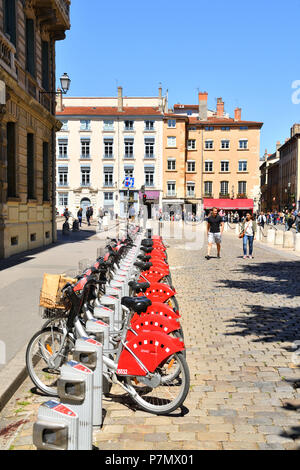 France, Rhone, Lyon, historical site listed as World Heritage by UNESCO, Vieux Lyon (Old Town), Velo'v station, Rental bicycles Stock Photo