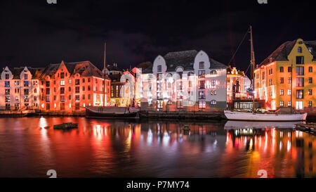 Alesund by night during 'Brosundet Burns' light show - 114 years anniversary of the big city fire in Ålesund, Norway, Stock Photo
