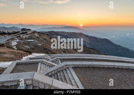 Monte Grappa, province of Treviso, Veneto, Italy, Europe, Sunrise over the Venetian plain, seen from the stairs at the military memorial monument Stock Photo