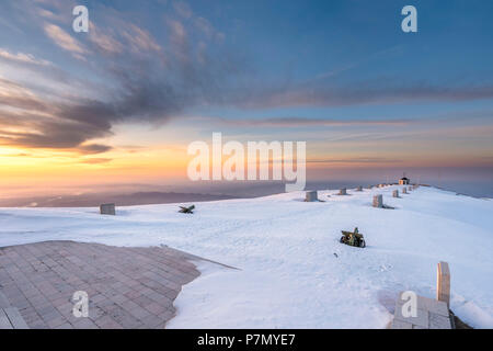 Monte Grappa, province of Vicenza, Veneto, Italy, Europe, Sunrise at the summit of Monte Grappa, where there is a military monument. Stock Photo