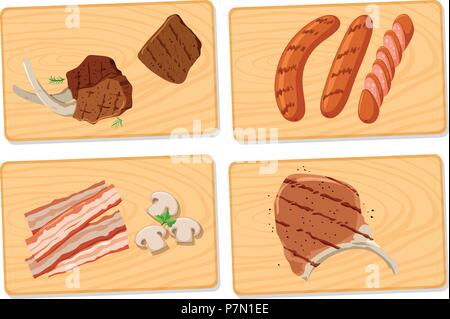 Variety of meat on chopping boards illustration Stock Vector