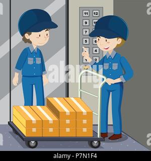 Two workers pushing boxes illustration Stock Vector