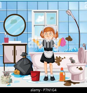 A Worried Maid Cleaning Toilet illustration Stock Vector