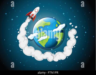 rocket ship flying around earth illustration Stock Vector
