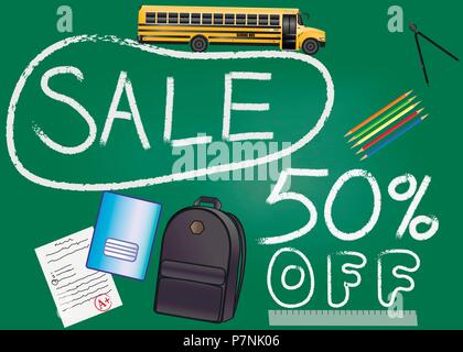 Realistic Grey pennant with inscription Back to School Sale Fifty percent Discounts on green background. pattern with school elements. Sale concept fo Stock Vector