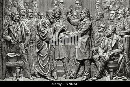 James Abram Garfield (1831-1881). 20th President of the United States, from March 4, 1881, until his assassination later that year. Garfield taking oath. Engraving. 'La Ilustracion', 1887. Stock Photo