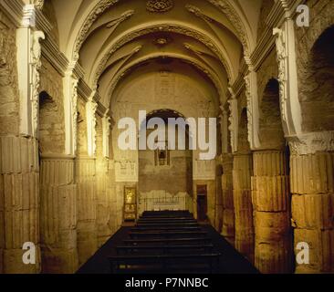 Spain. La Rioja. Tricio. Santa Maria de los Arcos Church. Interior with roman columns lining th sanctuary. Arches and domes are visigoths. Stock Photo
