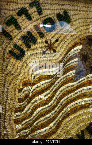 English: Artwork created by John Hampson from thousands of insects (butterfly wings, beetles, etc.). Exhibited in the Fairbanks Museum and Planetarium, St. Johnsbury, Vermont, USA. This artwork is in the  because the artist died more than 70 years ago. Photography was permitted in the museum without restriction. 18 August 2013, 13:05:55 3 1777 Union Forever by John Hampson, completed in 1897 - Fairbanks Museum and Planetarium - DSC04275 Stock Photo