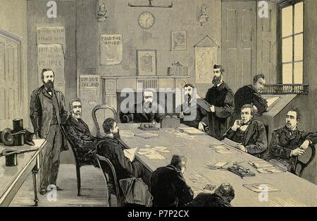 Charles Stewart Parnell (1846-1891). Irish nationalist politician. Session of the Council of the Agrarian League presided over by Parnell in Dublin, Ireland, 1880. Engraving by Capuz. Stock Photo