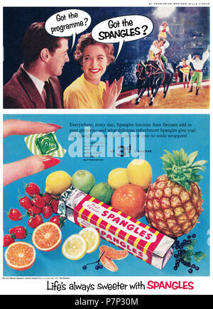 1956 British advertisement for Spangles sweets. Stock Photo