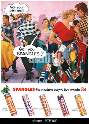 1956 British advertisement for Spangles sweets. Stock Photo