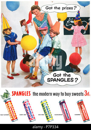 1956 British advertisement for Spangles sweets. Stock Photo