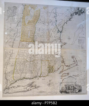 English: Exhibit in the Bennington Museum - Bennington, Vermont, USA. This work is in the  because the artist died more than 70 years ago. Photography was permitted in the museum without restriction. 28 February 2015, 13:27:21 11 A Map of the Most Inhabited Part of New England, by Thomas Jefferys, London, England, printed by William Faden, 1774 - Bennington Museum - Bennington, VT - DSC08732 Stock Photo