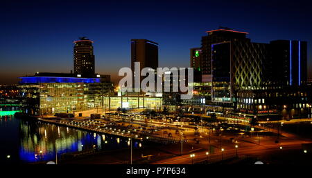 Media City area at night Salford Quays Manchester. Stock Photo