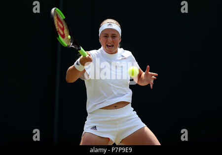 Jelena Ostapenko in action on day six of the Wimbledon Championships at the All England Lawn Tennis and Croquet Club, Wimbledon. PRESS ASSOCIATION Photo. Picture date: Saturday July 7, 2018. See PA story TENNIS Wimbledon. Photo credit should read: Steven Paston/PA Wire. Stock Photo