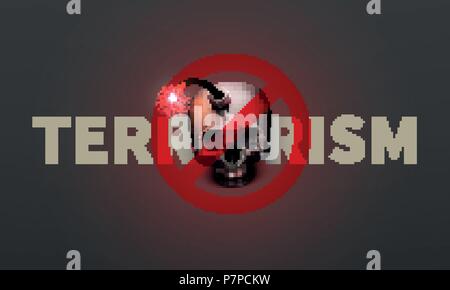 Stock vector illustration stop terrorism poster, banner. Realistic bomb human skull. A suicide bomber. Terrorism - A Threat to World Peace concept. EPS10 Stock Vector