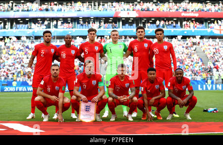 England's Kyle Walker (back left to right), Ashley Young, John Stones, Jordan Pickford, Harry Maguire, Dele Alli, Jordan Henderson (front left to right), Harry Kane, Kieran Trippier, Jesse Lingard and Raheem Sterling pose for a photograph before kick-off in the FIFA World Cup, Quarter Final match at the Samara Stadium. Stock Photo