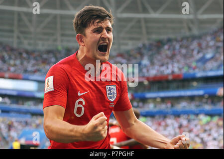 England's Harry Maguire celebrates scoring his side's first goal of the game during the FIFA World Cup, Quarter Final match at the Samara Stadium. Stock Photo