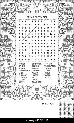 Puzzle and coloring activity page for grown-ups with jobs, occupations themed word search puzzle (English) and wide decorative frame to color. Stock Vector