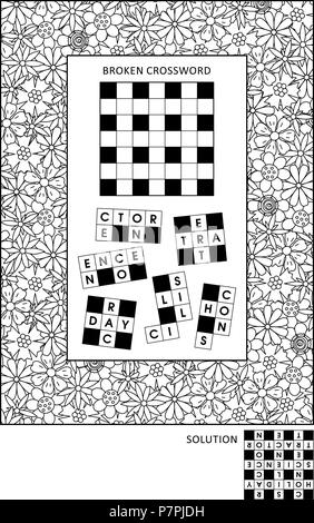 Puzzle and coloring activity page for grown-ups with word game (English) and wide decorative frame to color. Family friendly. Answer included. Stock Vector